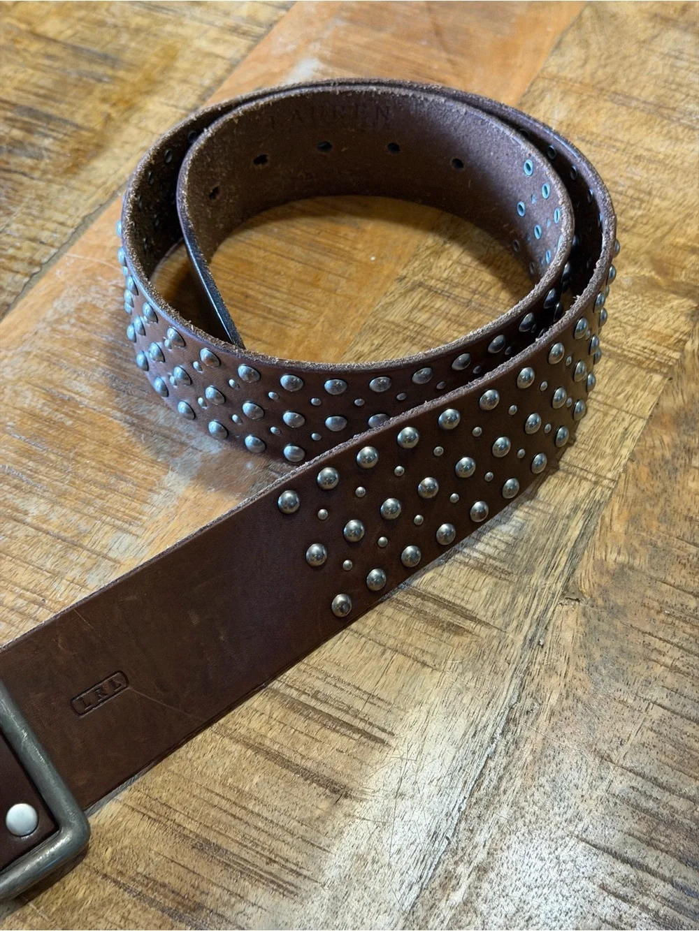 Vtg Lauren Ralph Lauren LRL Y2K Americana Brown Dome Stud Leather Western Belt